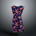 Sleeveless Dark Blue Dress With Red And White Floral Pattern For Daily Use