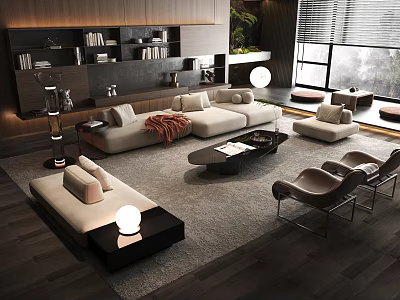 Modern Living Room Interior Featuring Sofa Coffee Table With Area Rug Floor Lamp And Plants 3d model