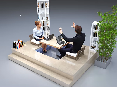 Functional Home Office Desk With Two People Conversing Laptops Bookshelves And Green Plant 3d model