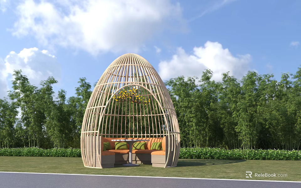 Bamboo Egg Shaped Outdoor Gazebo With Sofa And Green Plants Surrounded By Trees 3d model 