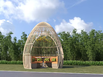 Bamboo Egg Shaped Outdoor Gazebo With Sofa And Green Plants Surrounded By Trees 3d model