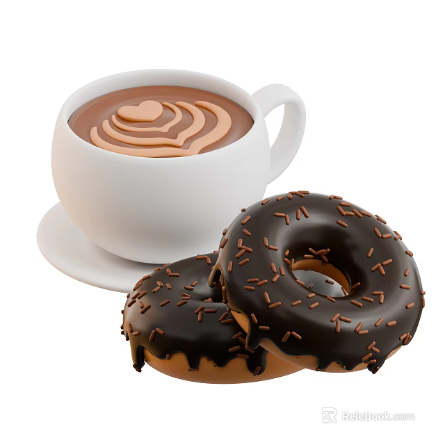 Delicious White Cup Coffee With Heart Shaped Latte Art And Chocolate Frosted Donuts 3d model 