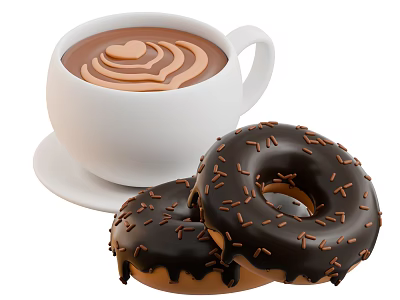Delicious White Cup Coffee With Heart Shaped Latte Art And Chocolate Frosted Donuts 3d model