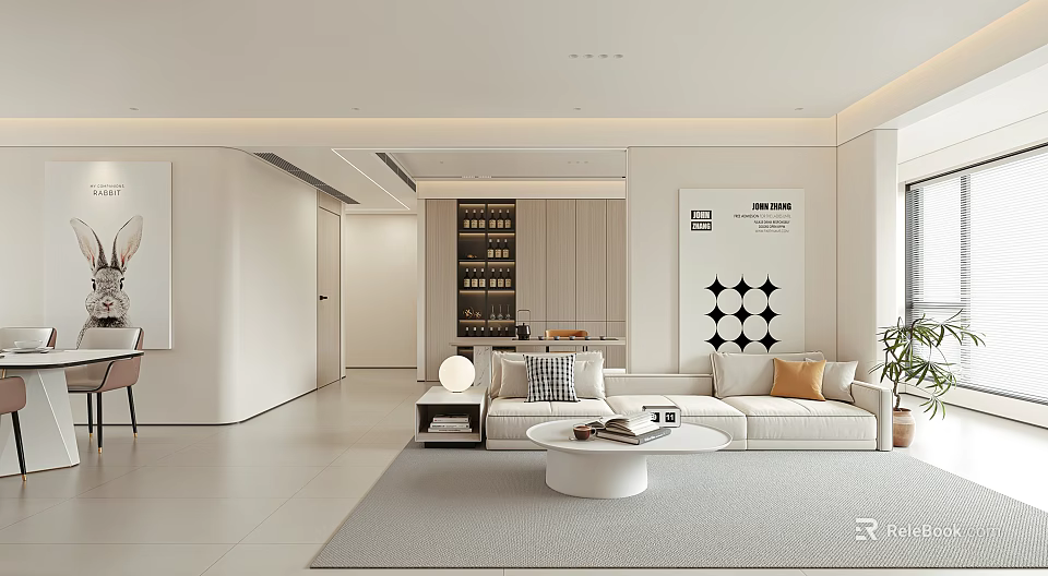 Modern Living Dining Room Interior With Light Sofa Coffee Table Area Rug And Decorative Art 3d model 