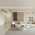 Modern Living Dining Room Interior With Light Sofa Coffee Table Area Rug And Decorative Art