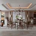 Chinese Style Private Dining Room with Dining Table Chairs Chandelier Decorative Paintings and Green Plants