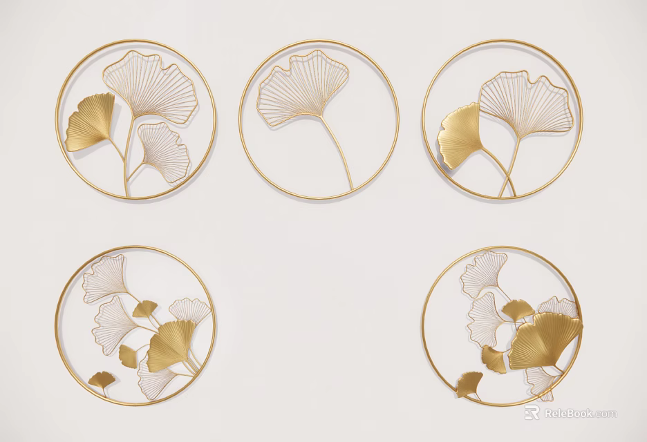 Decorative Gold Ginkgo Leaf Metal Wall Decor with Circular Frame Design 3d model 