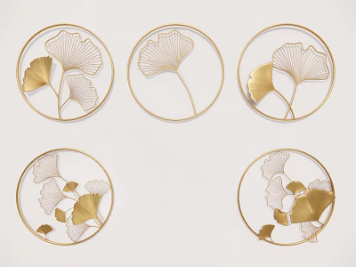 Decorative Gold Ginkgo Leaf Metal Wall Decor with Circular Frame Design 3d model