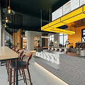 Modern Teahouse Interior With Minimalist Design Wooden Counter Hanging Lights And Potted Plant
