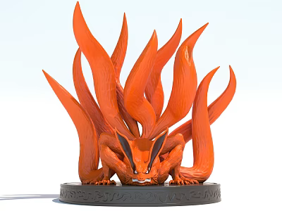 Orange Multiple Tailed Fox Doll With Black Carved Base And Fierce Expression 3d model