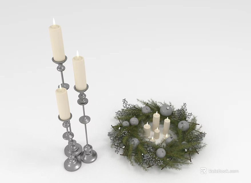 Silver Candle Holders With Candles And Green Wreath Decorations With Small Ornaments 3d model 
