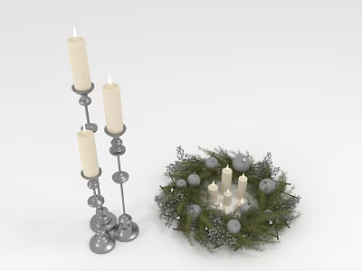 Silver Candle Holders With Candles And Green Wreath Decorations With Small Ornaments 3d model