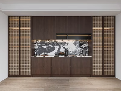 Modern Dark Brown Cabinetry With Marble Backsplash And Lattice Side Panels In Contemporary Kitchen Interior 3d model