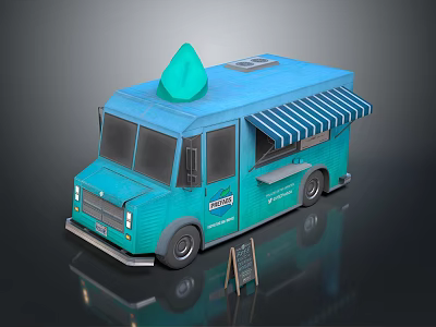 Blue Food Truck With Green Ice Cream Decoration Striped Awning And Small Chalkboard Sign 3d model