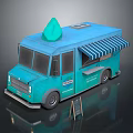 Blue Food Truck With Green Ice Cream Decoration Striped Awning And Small Chalkboard Sign