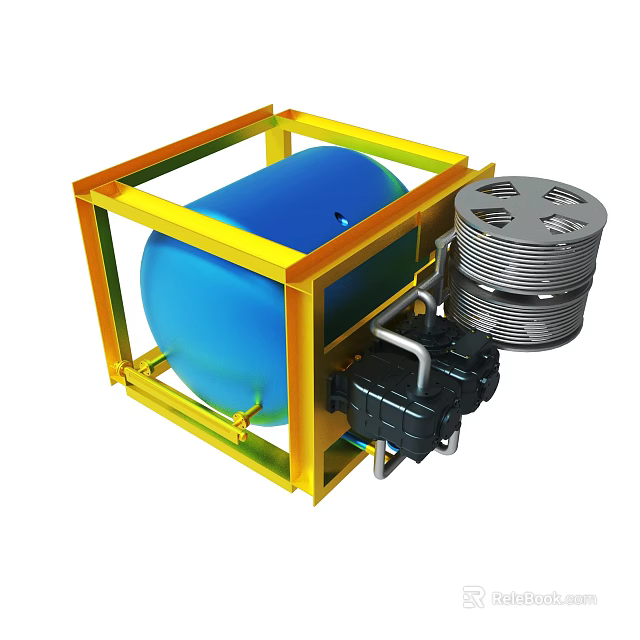 Industrial Mechanical Device With Yellow Metal Frame Blue Cylindrical Tank Silver Components And Black Parts 3d model 