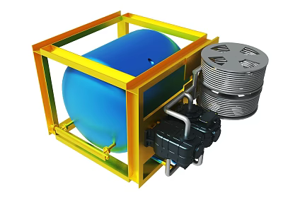 Industrial Mechanical Device With Yellow Metal Frame Blue Cylindrical Tank Silver Components And Black Parts 3d model