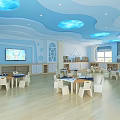 School Classroom Interior With Blue Cloud Shaped Ceiling And Cartoon Wall Murals 3d model