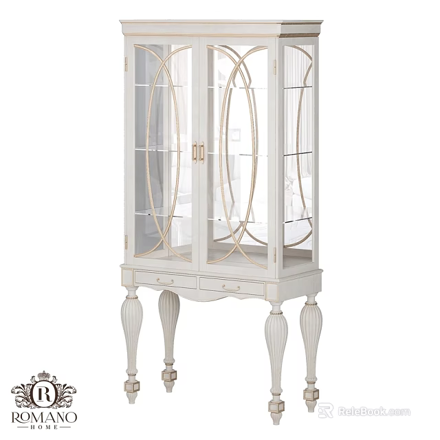 White Cabinet With Glass Doors And Gold Accents On Carved Legs 3d model 