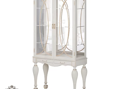 White Cabinet With Glass Doors And Gold Accents On Carved Legs 3d model
