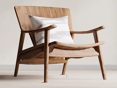 Natural Wooden Accent Chair With White Textured Cushion And Minimalist Design 3d model