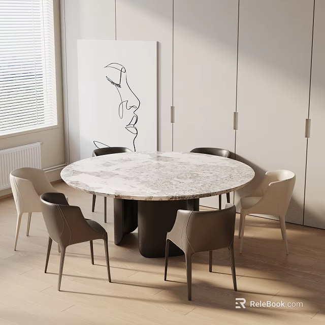 Modern Round Dining Table Set With Marble Top And Beige Grey Chairs 3d model