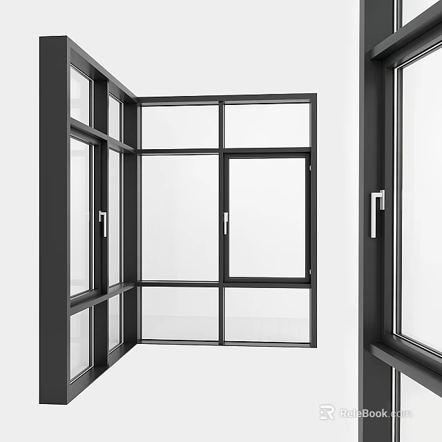 Modern Aluminum Casement Window With Black Frame And Double Glass Design 3d model 