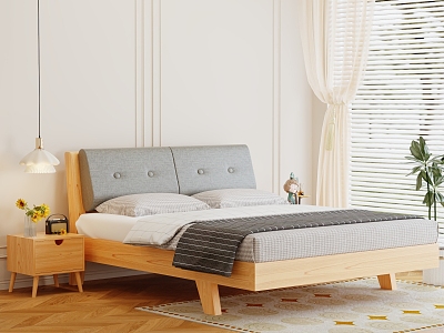 Solid Wood Bed Full Solid Wood Simple 1 m 2 Single Bed for Rental Room Double Bed Rubber Wood Bed Frame for Small Apartment 3d model