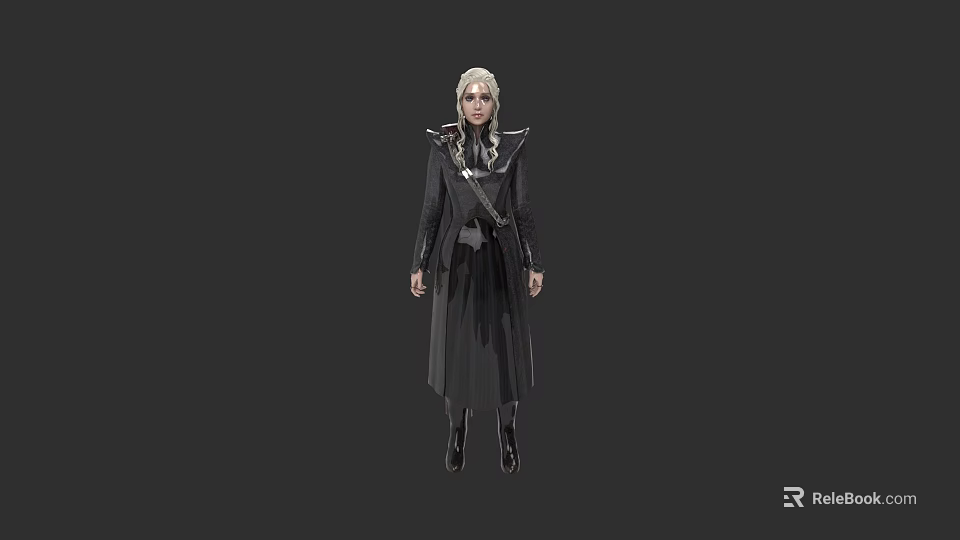 Blonde woman in black long coat with ornaments standing against gray background 3d model 
