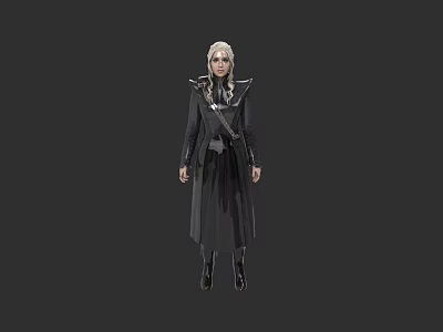 Blonde woman in black long coat with ornaments standing against gray background 3d model