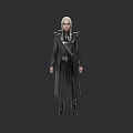 Blonde woman in black long coat with ornaments standing against gray background