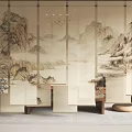 Traditional Chinese Screen With Ink Landscape Painting And Interior Decor Elements 3d model