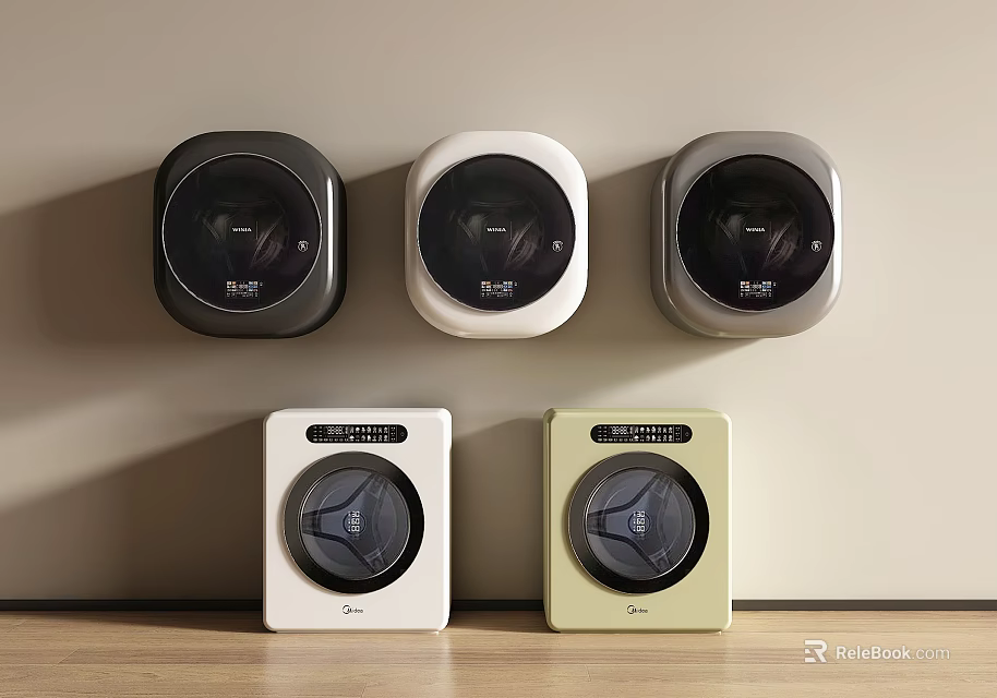 Modern Wall Mounted Washing Machines In Various Colors And Styles Arranged On Wall And Countertop 3d model 