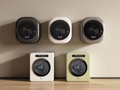 Modern Wall Mounted Washing Machines In Various Colors And Styles Arranged On Wall And Countertop 3d model