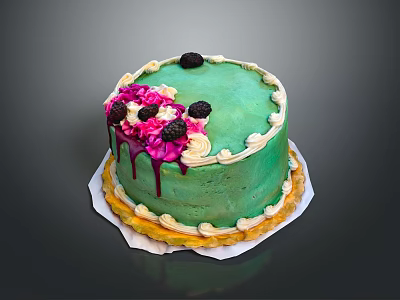 Green Frosted Cake Featuring Pink Decorations Black Berries White Piped Edges and Yellow Bottom Trim 3d model