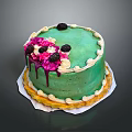 Green Frosted Cake Featuring Pink Decorations Black Berries White Piped Edges and Yellow Bottom Trim