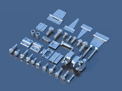 Assorted Metal Hardware Components Including Hinges Screws Bolts And Brackets 3d model