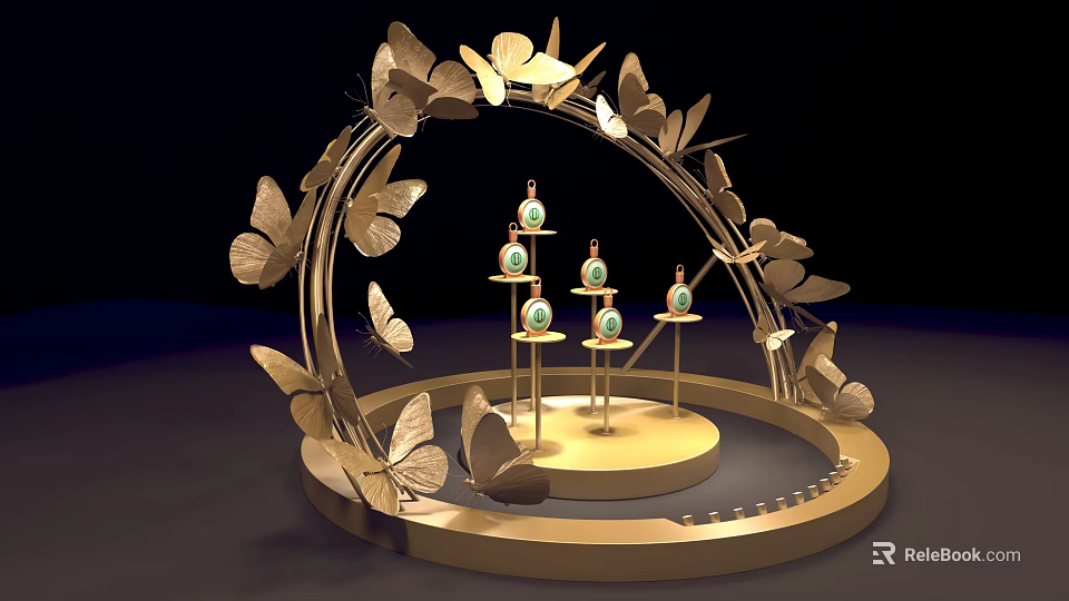 Display Shelf with Golden Butterflies Arched Circular Platform Small Stands and Green Gemstone Items 3d model 