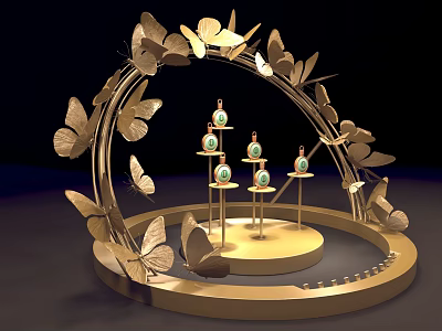 Display Shelf with Golden Butterflies Arched Circular Platform Small Stands and Green Gemstone Items 3d model