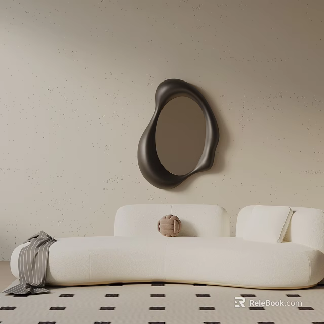 White Three Seater Sofa With Brown Pillow Gray Blanket Black Irregular Mirror On Beige Wall 3d model 