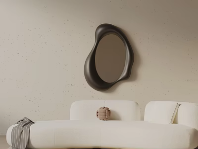 White Three Seater Sofa With Brown Pillow Gray Blanket Black Irregular Mirror On Beige Wall 3d model