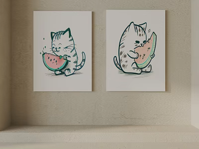 Cute Cat Animal Art Paintings Featuring Two Cats Eating Watermelon Slices 3d model