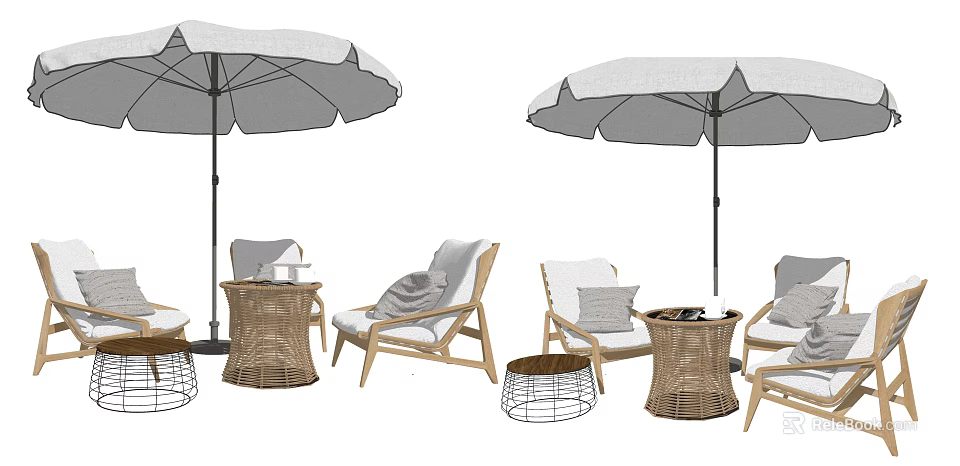 Outdoor Sofa Set With Wicker And Wooden Frames Umbrella And Side Tables 3d model 