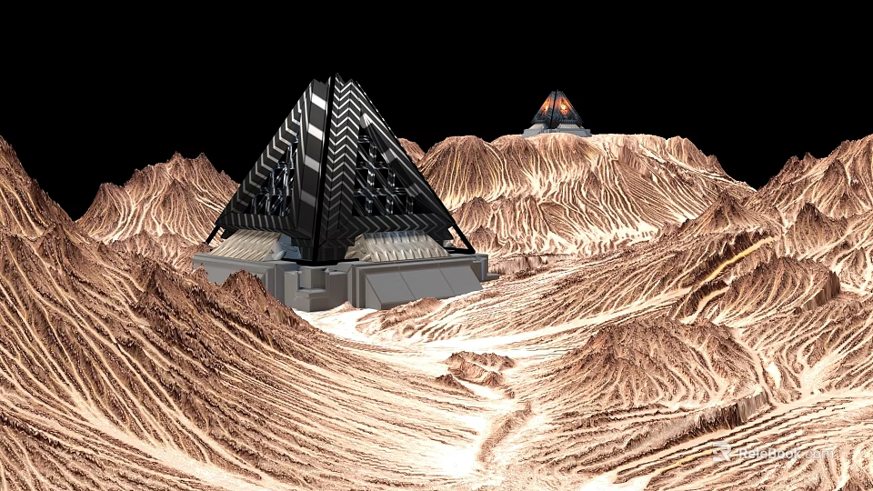 Black Pyramid Shaped Art Installation on Mars Like Red Mountainous Terrain With Smoking Crater 3d model 