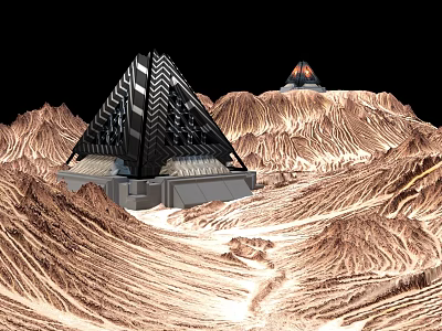 Black Pyramid Shaped Art Installation on Mars Like Red Mountainous Terrain With Smoking Crater 3d model