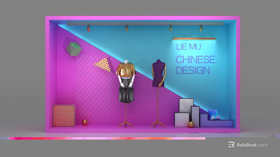 Chinese Design Clothing Window Display with Mannequins Geometric Decor And Colorful Background 3d model 