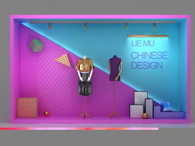 Chinese Design Clothing Window Display with Mannequins Geometric Decor And Colorful Background 3d model