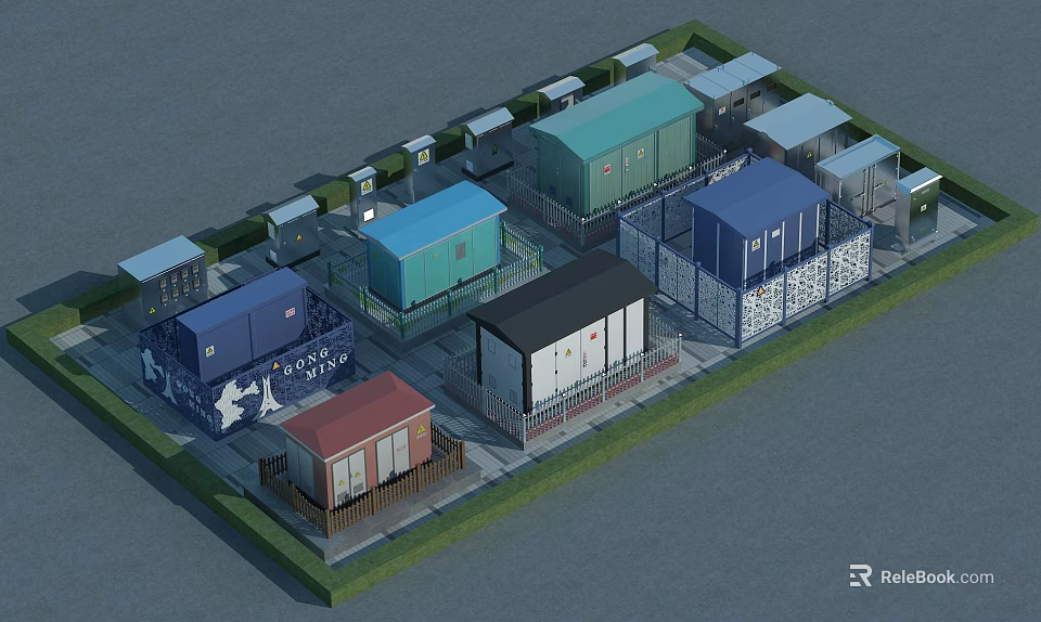 Various Colored Modular Container Structures In Industrial Site With Small Buildings 3d model 