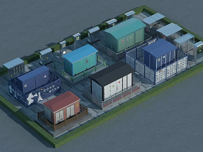 Various Colored Modular Container Structures In Industrial Site With Small Buildings 3d model