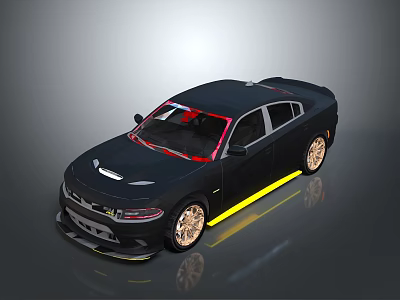 Black Modern Sports Sedan With Red Roof Gold Wheels And Yellow Side Stripes 3d model